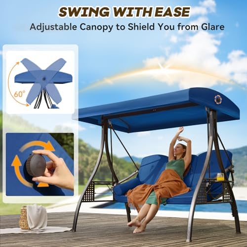 3 in 1 Outdoor Porch Swing with Adjustable Canopy, 3 Seat Outdoor Swing for A...