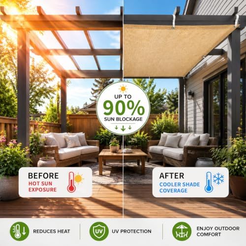 90% Outdoor Sun Shade Cloth, 6’ x 20’, Pergola, Deck, and Backyard Patio Suns...