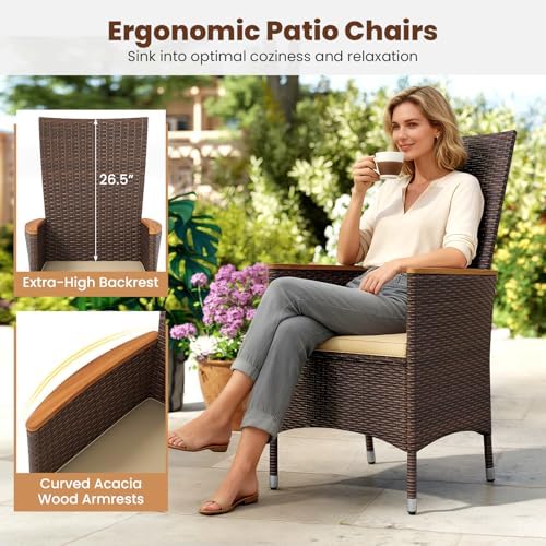 Tangkula High Back Rattan Patio Dining Chairs Set of 2, Outdoor Wicker Dinner...