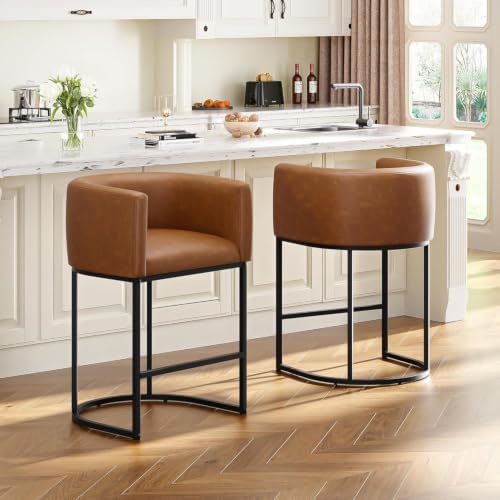 26" H Counter Height Bar Stools Set of 3, Modern Barrel Counter Stools w...