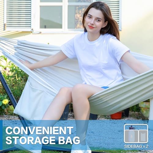 PNAEUT Double Hammock with Stand for Outside, Heavy-Duty, Portable (Beige)