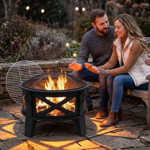 Fire Beauty 26" 2-in-1 Fire Pit with BBQ Grill, Spark Screen & Poker...