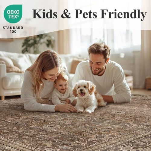 Schweek 10x14 Washable Area Rug Brown Neutral Vintage Distressed Large Rugs