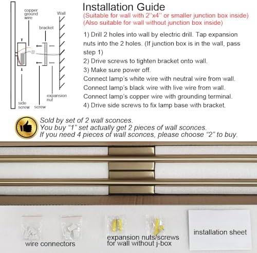 Only Suitable for Small Junction Box Set of 2 Hardwired Narrow Gold Wall Scon...