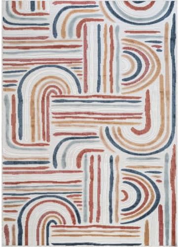 CAMILSON Indoor Outdoor Rug, Multicolor 10x14 Geometric Arch Striped Large Ar...