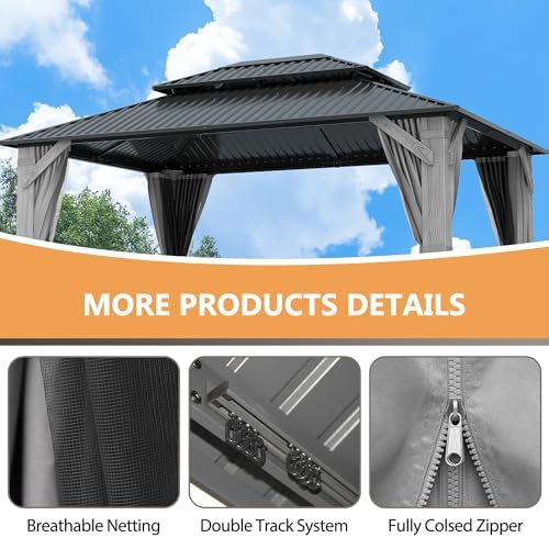12'x16' Hardtop Wood Gazebo, Outdoor Double Roof Galvanized Steel Top...