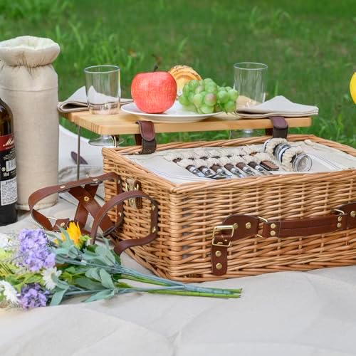Multifunctional Wicker Picnic Basket Set for 2 with Blanket and Picnic Table,...