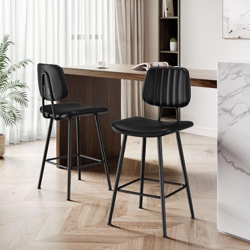 Raynesys 24-Inch Leather Bar Stools Set of 2 with High Backrest, Black