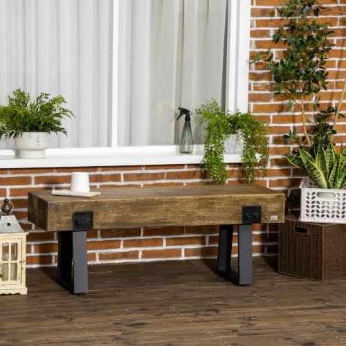 HOMCOM 48" Outdoor Bench with Metal Legs for 2-Person, Natural and Black