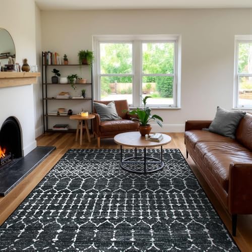 Lahome Moroccan Black Area Rugs 8x10 Living Room Non-Slip Backing Ultra-Thin ...
