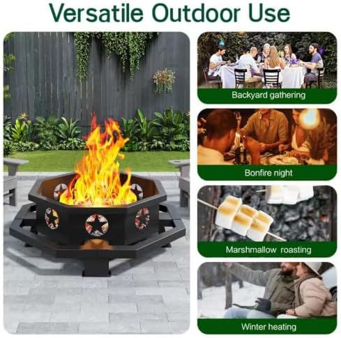 45 inch Large Fire Pit, Outdoor Fire Pit with Heavy Duty Construction, Wood B...