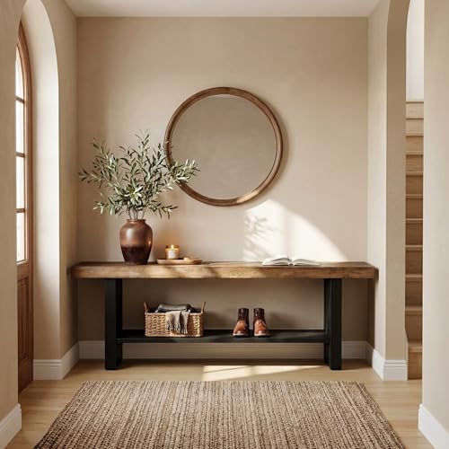 55" Solid Wood Bench with Shoe Storage, 2-Tier Farmhouse Entryway Bench,...