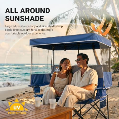 Overmont Camping Chair with Canopy- Folding Double Loveseat Chair with Adjust...