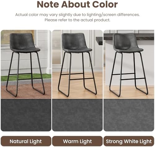 REONEY Bar Stools Set of 2, 26" Urban Faux Leather Counter Stools, Grey