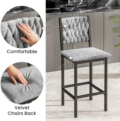 AWQM Round Dining Table Set for 4, Gray Hand-Woven Velvet Bar Stools(Gray)