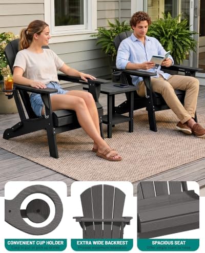 PLUUV Adirondack Chair Set of 2, Fire Pit Chairs with Cup Holder, Black