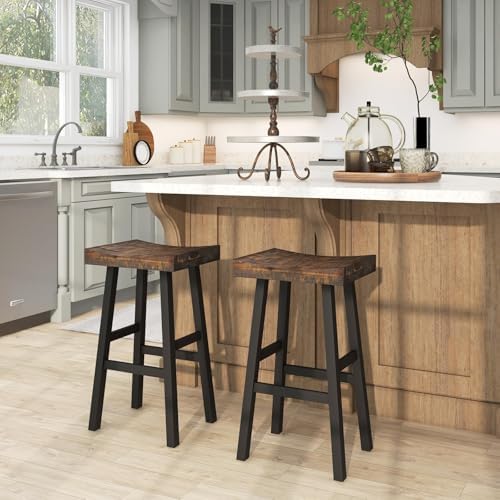 ERGOMASTER Wooden Backless Saddle Barstools Set of 2, 29-inch Bar Height Rust...