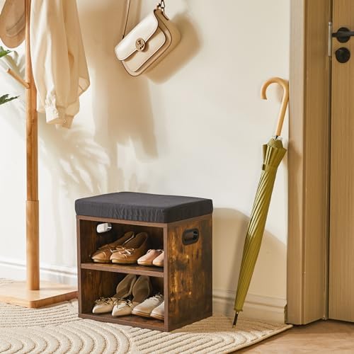 YMYNY Small Shoe Storage Bench with Cushion, Rustic Brown, HBD028H