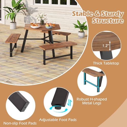 GIANTEX Picnic Table Bench Set for 6, Acacia Wood Outdoor Dining Table Set wi...