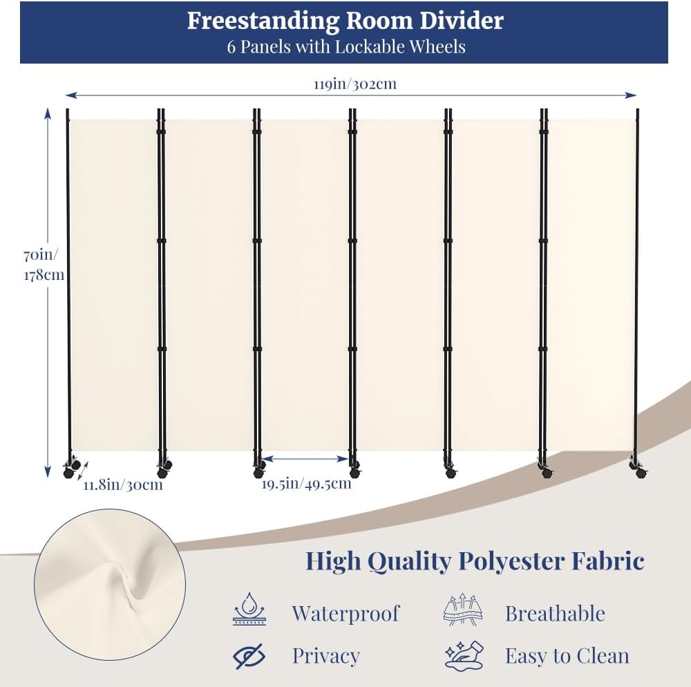 Kokorona 6 Panel Room Divider, 6FT Tall Rolling Privacy Screen with Lockable ...