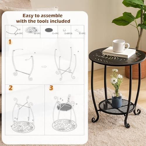 2-Tier Metal Round Side Table Set of Two Black Accent Coffee Tables Small Spa...