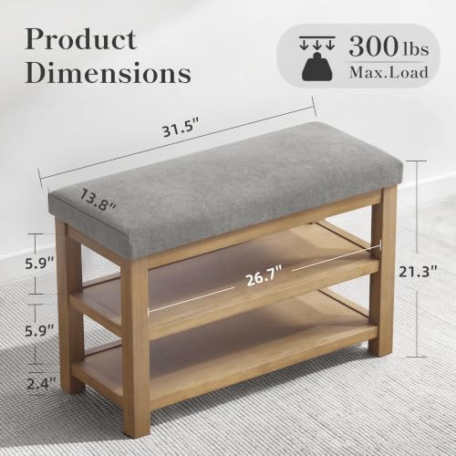 Zihanhome Shoe Rack Bench with Cushion, 2 Tier Solid Wood Storage Bench, Mid-...