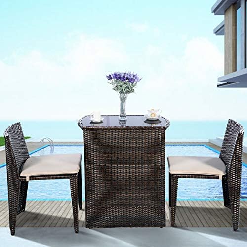 GIANTEX 3 PCS Cushioned Outdoor Wicker Patio Set Convention Bistro Set Garden...