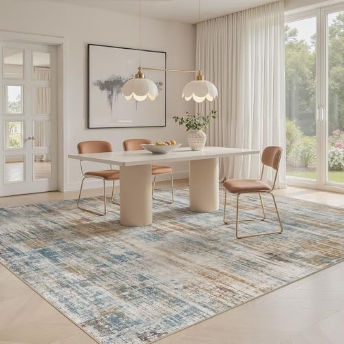 UERMEI 9x12 Area Rug for Living Room Washable Abstract Blue Brown Carpet