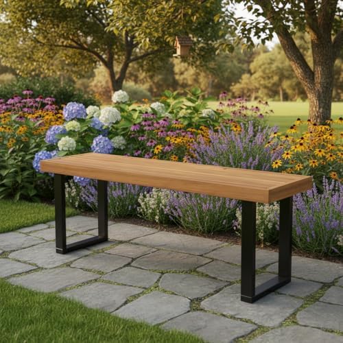 Tangkula Acacia Wood Outdoor Bench, 48" Long Patio Dining Bench w/Metal ...