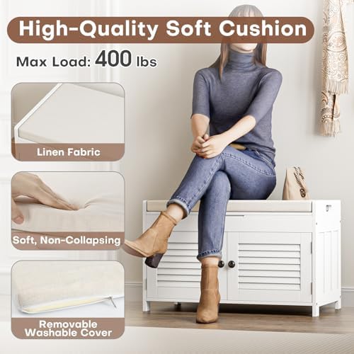 WARMHONIU Shoe Storage Bench with Lift Top Storage & Cushioned Seats