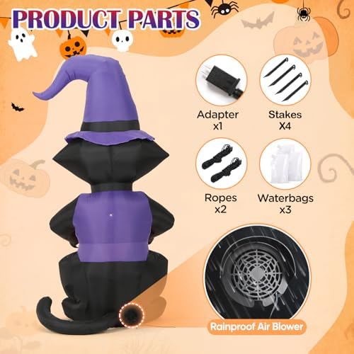 6FT Halloween Inflatable Black Cat, Lighted Yard Decoration with Witch Hat