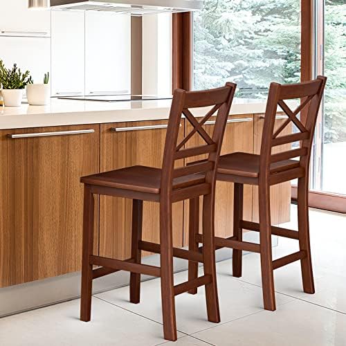 COSTWAY 25'' Wooden Counter Height Barstools Set of 2 with Slatted Ba...