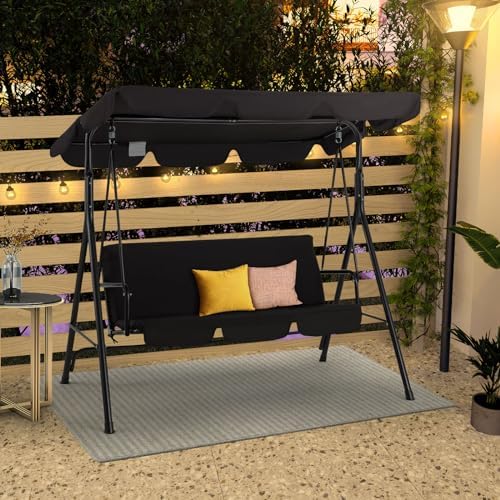 Esright 3-Seat Outdoor Porch Swing Chair with Adjustable Canopy, Balck