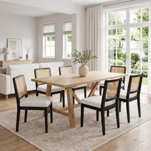 HNY Modern Farmhouse Rattan Dining Chairs Set of 6, Beige Linen Upholstered D...