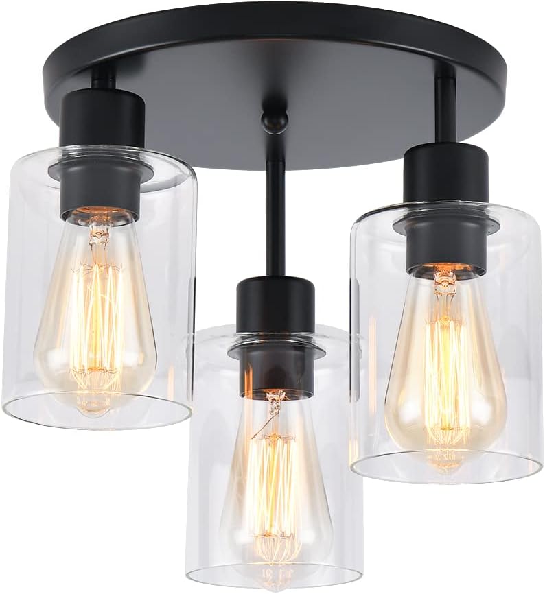 3-Light Industrial Farmhouse Black Matte Light Fixtures Ceiling Mount, with C...