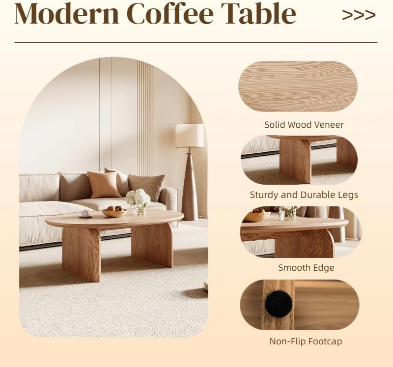 Honyee Modern Oval Coffee Table, Small Coffee Tables for Living Room - Oak Wo...