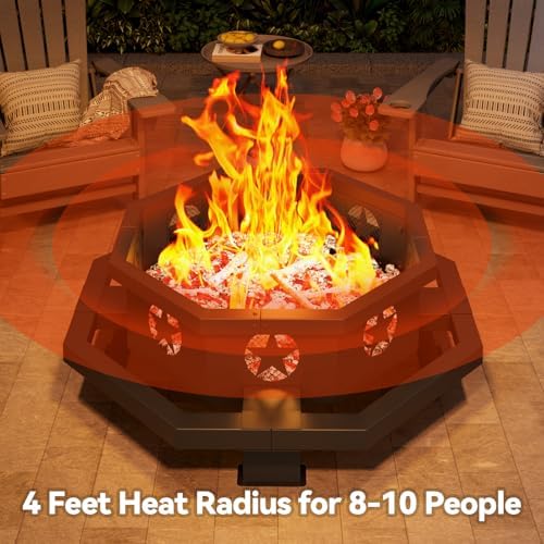 45 Inch Fire Pit for Outside Wood Burning, Outdoor Octagonal Fire Pit with Po...