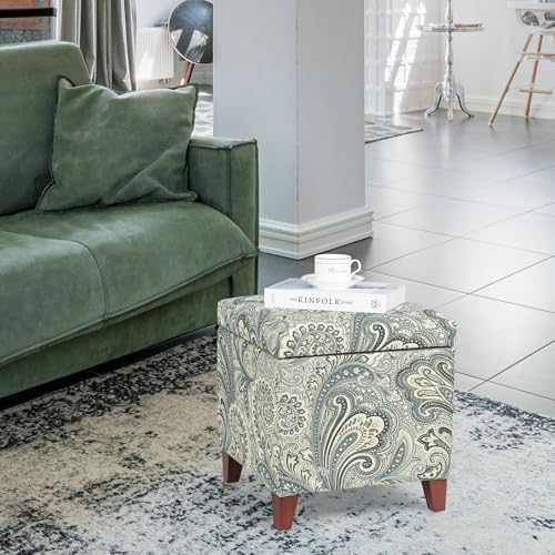 Adeco 18" Cube Storage Ottoman in Blue Paisley, Upholstered Linen Foot S...