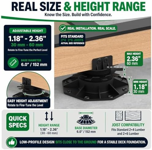 Deckit 24-Pack Adjustable Deck Support Pedestals, 1.18"–2.36" (30–6...