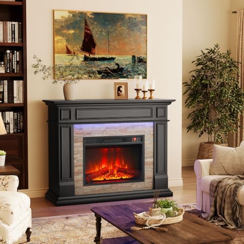 LGHM 44" LED Freestanding Electric Fireplace, Stacked Stone, Black
