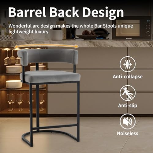 Set of 2 Grey Modern Velvet Bar Stools with Barrel Backrest, Upholstered Seat...