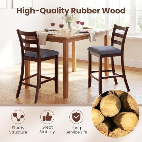 COSTWAY Set of 2 Counter Height Bar Stools with Solid Rubber Wood Frame