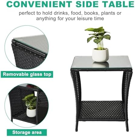 Wicker Rattan Side Table, Outdoor Square Rattan Coffee End Table with Tempere...