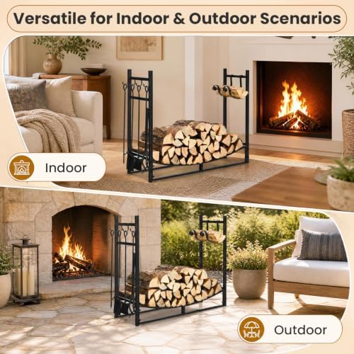 Goplus Firewood Rack Indoor, 36” Firewood Holder with 4- Piece Fireplace Tool...