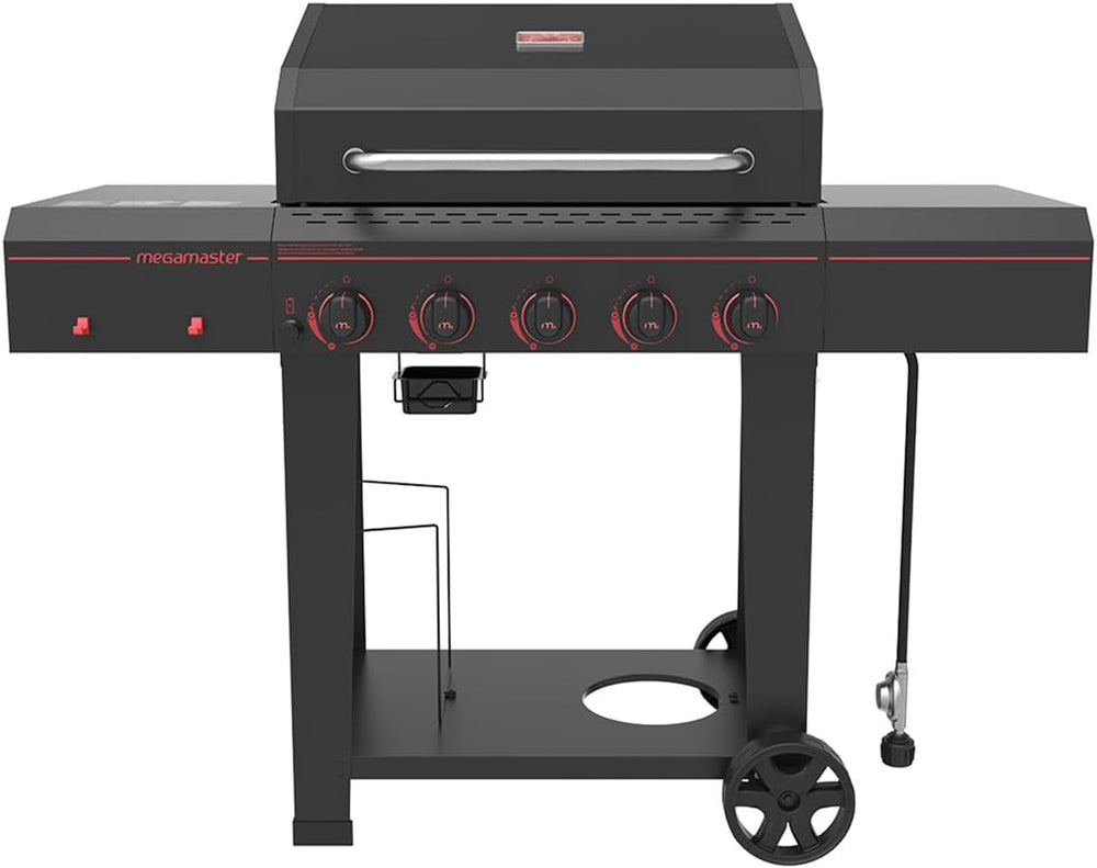 Megamaster Cart 5 Burner Gas Grill, Side Tables with Accessory Hooks, Black