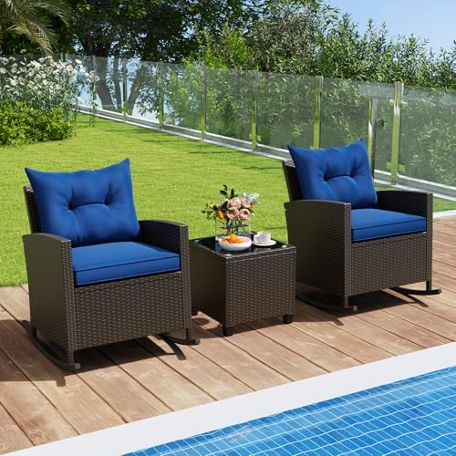 RELAX4LIFE 3-Piece Rocking Bistro Set - Rattan Wicker Rocking Chairs Set of 2...