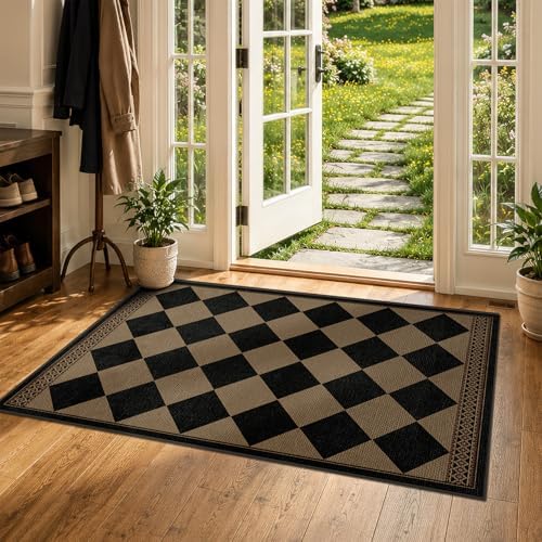 Easy Jute Indoor Outdoor Rug 3x5, Brown Black Checkered Patio Front Porch Rug...