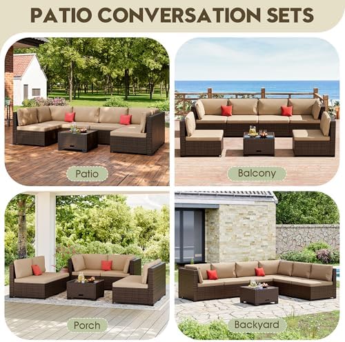 LHBcraft 7 Piece Outside Sectional Furniture Set, All Weather Wicker Patio So...