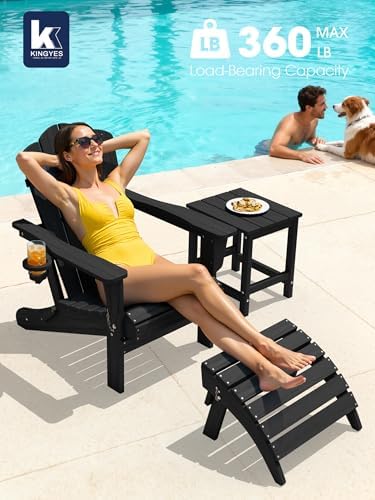 KINGYES Folding Adirondack Chair, All-Weather HDPE Material, Black, 2 Pack