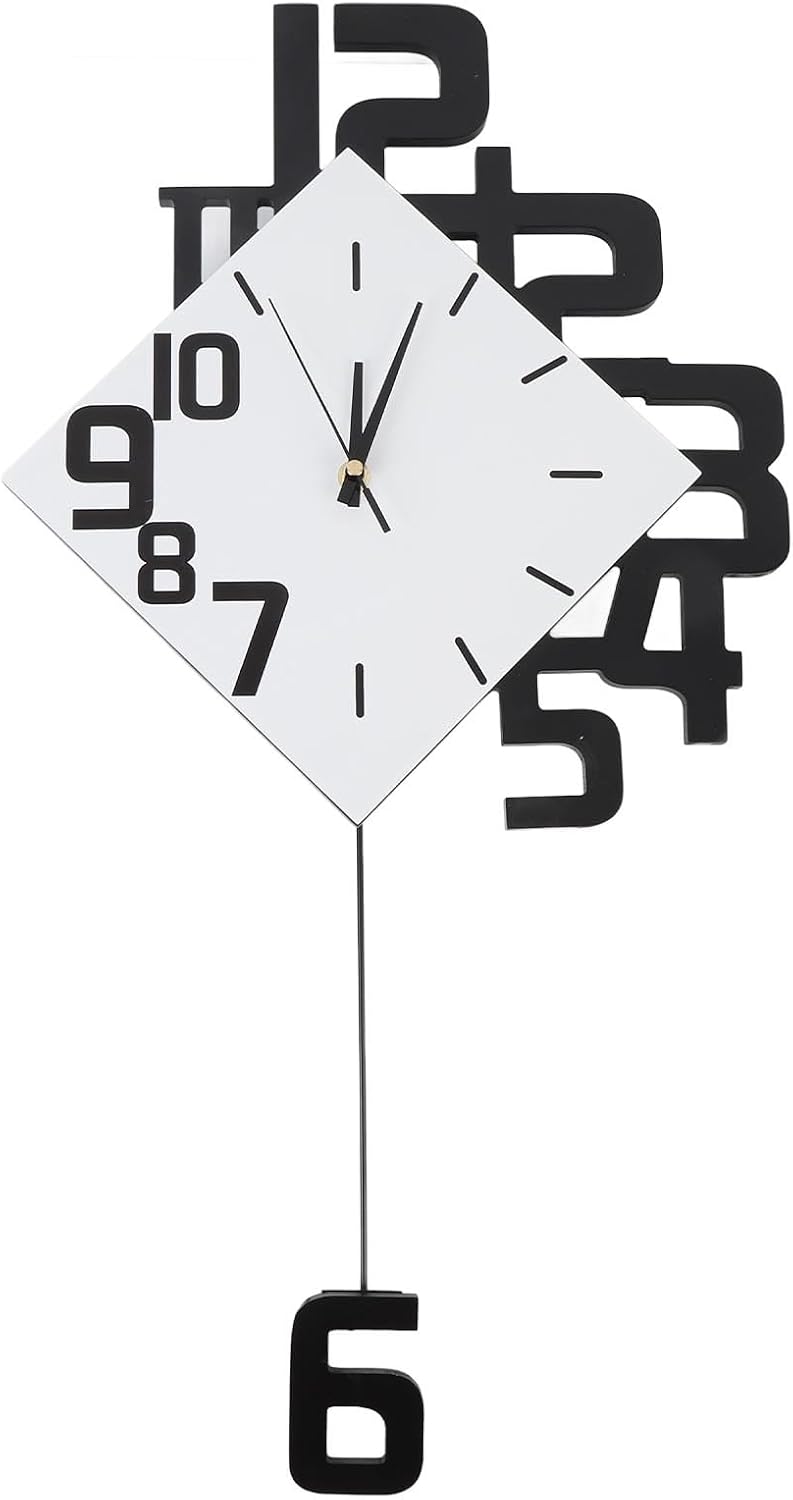 TeamSky Silent Wood Pendulum Wall Clock, Modern White Decorative Clock
